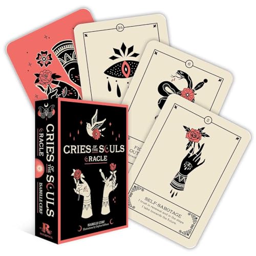 Cries of the Souls Oracle deck box and four illustrated cards with mystical designs.