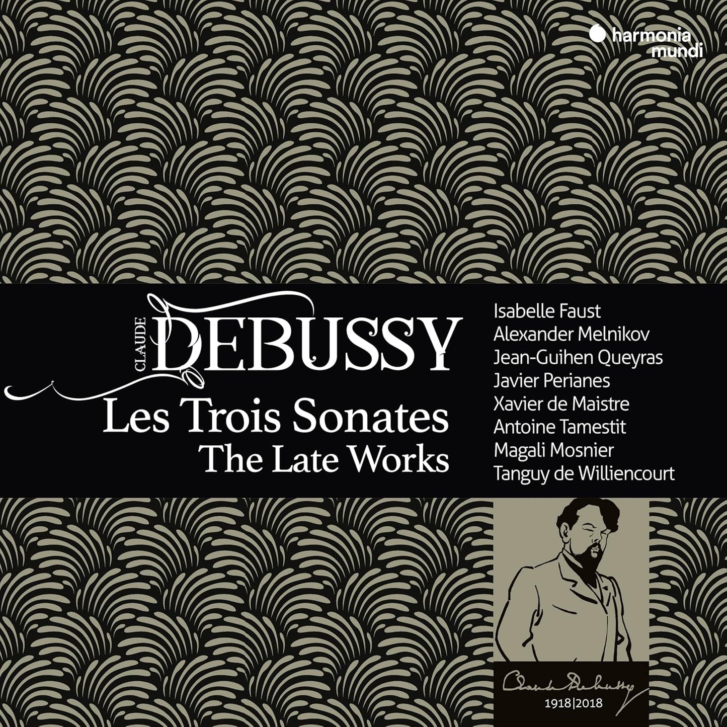 CD cover for Debussy’s “Les Trois Sonates” featuring a portrait and ornate design.