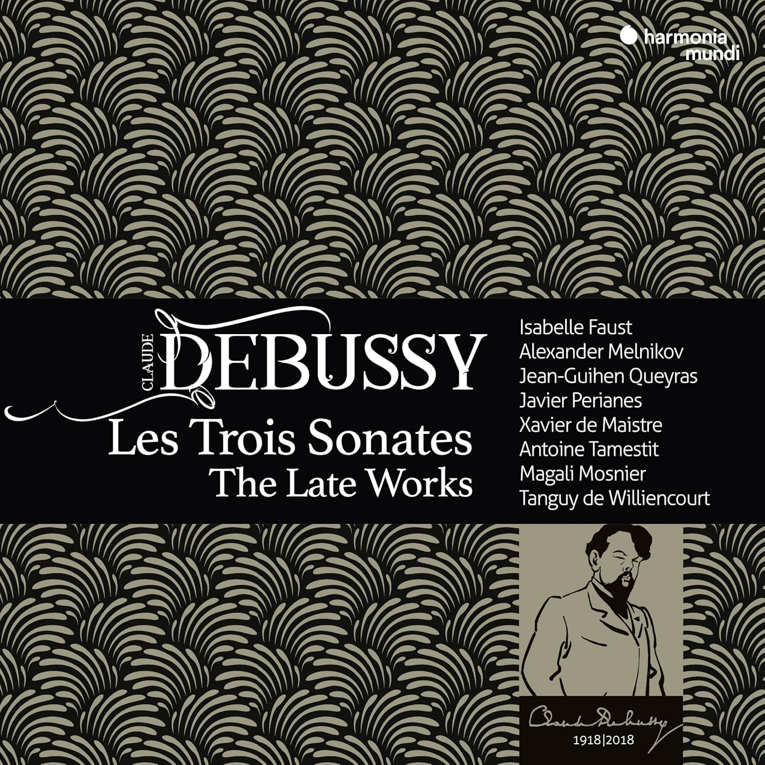 CD cover for Debussy’s “Les Trois Sonates” featuring a portrait and ornate design.