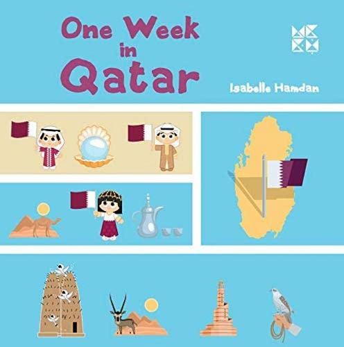 Book cover: "One Week in Qatar" with illustrations of Qatari culture.