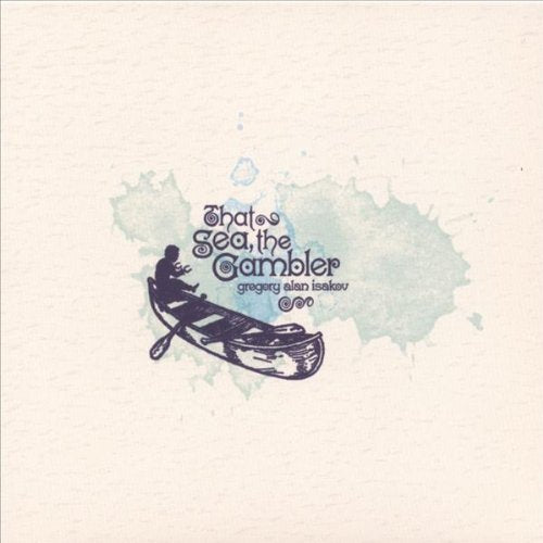 "CD cover with a man rowing a boat, beige background, blue watercolor splash."