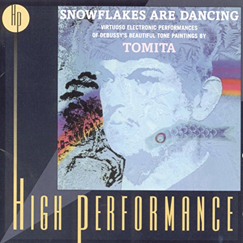 Album cover for Snowflakes Are Dancing by Tomita featuring a stylized portrait and fish.