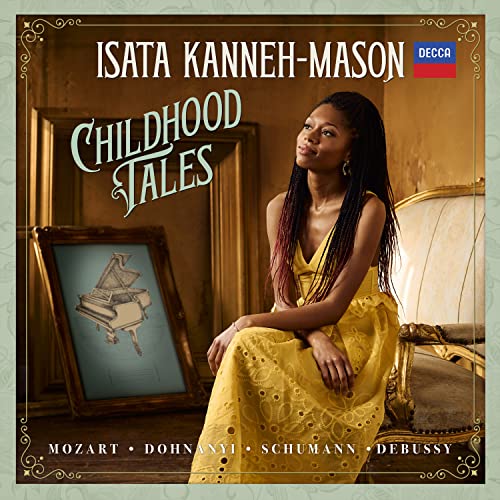 CD cover featuring Isata Kanneh-Mason in yellow, with a piano painting.