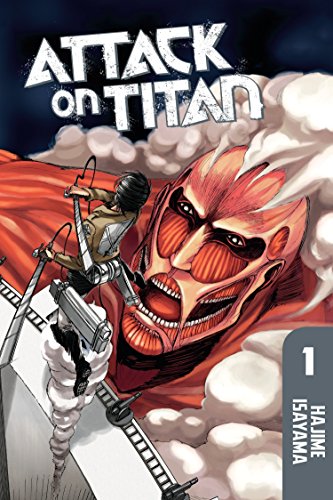 A soldier with gear faces a giant, skinless titan looming over a wall.