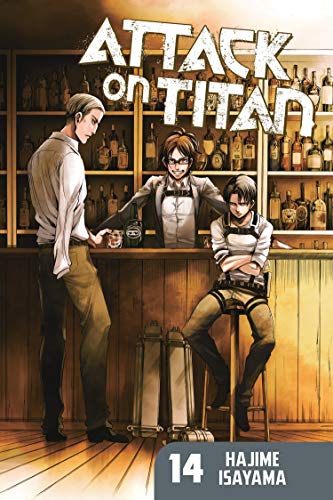 Erwin, Hange, and Levi sit in a bar on the Attack on Titan volume cover.