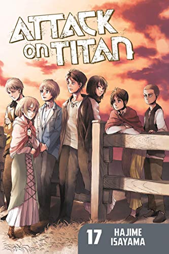 Manga cover featuring seven characters standing by a wooden fence at sunset.