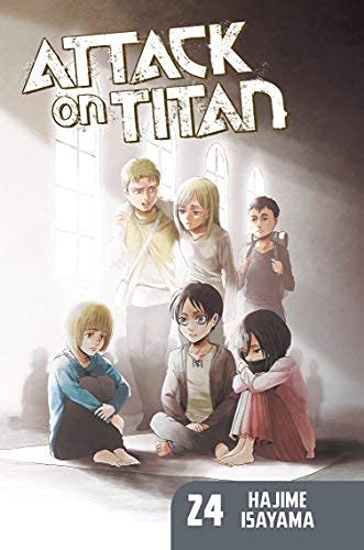 Manga cover of Attack on Titan volume 24 featuring six young characters sitting together.