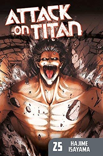 Manga cover featuring a roaring titan breaking through a wall with text above.