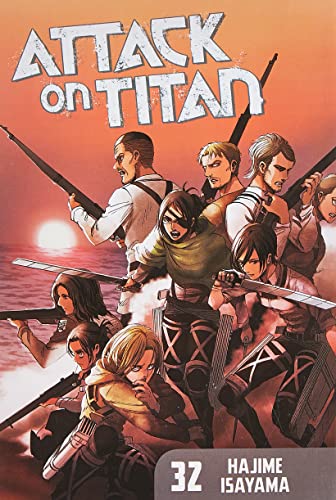Attack on Titan volume 32 cover with characters wielding blades, orange background.