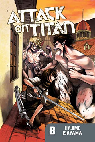 Attack on Titan volume 8 cover featuring a character with a sword facing two titans.