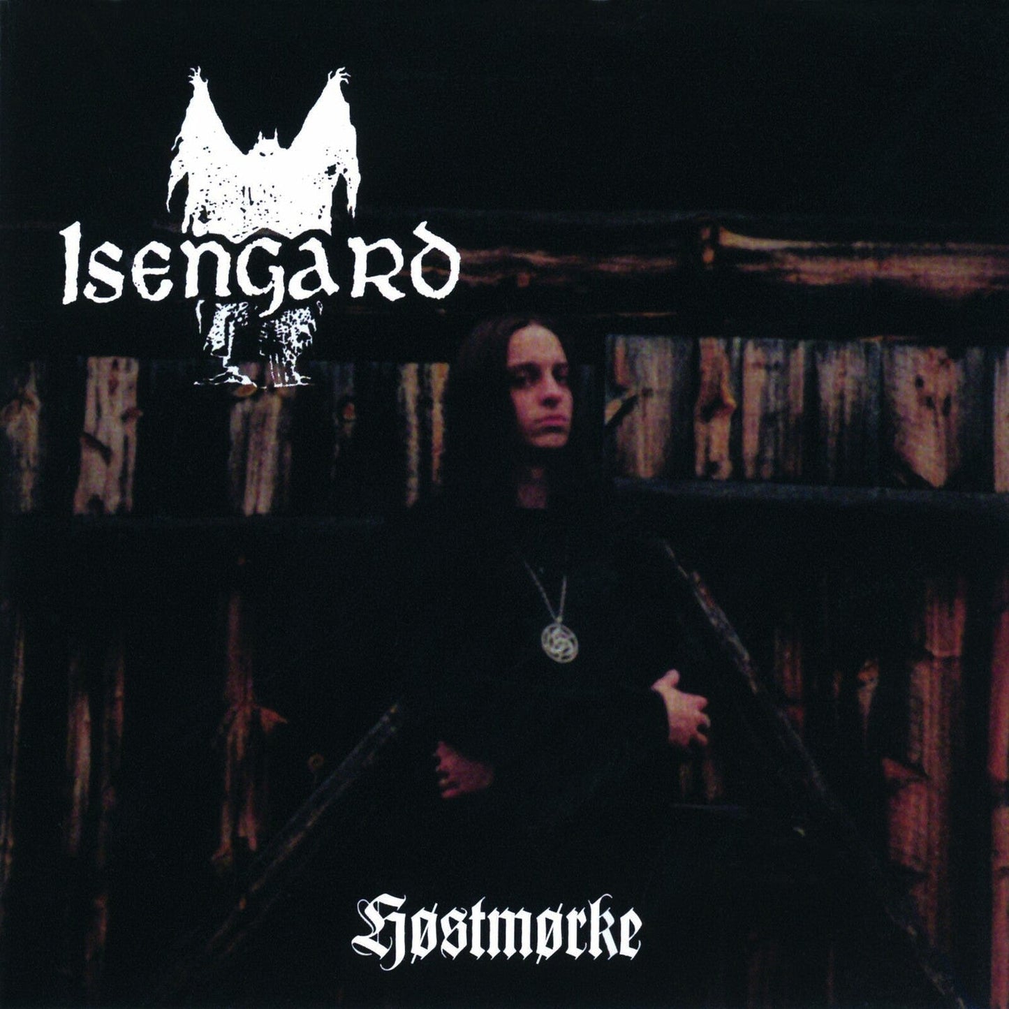 Album cover featuring a person in black clothing standing before a wooden wall.
