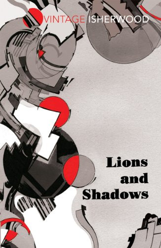 Book cover for "Lions and Shadows" with abstract black, white, and red design.