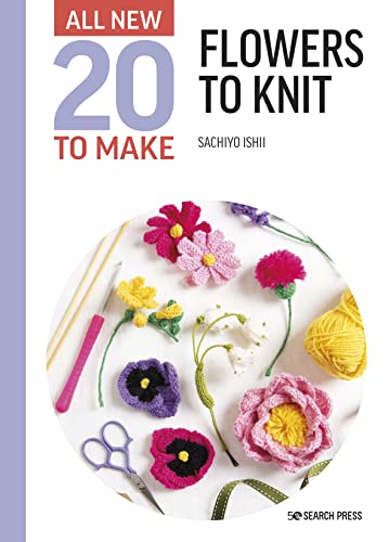 Book cover featuring knitted flowers, scissors, and knitting tools.