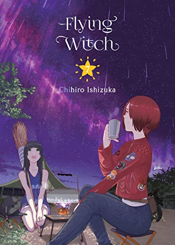 Two young women with a broom and camping gear under a starry sky.