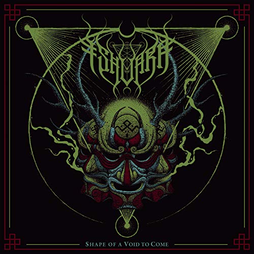 Black album cover with green and red stylized deer skull and geometric designs.