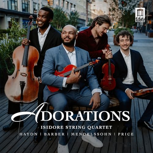 Four members of the Isidore String Quartet posing with their instruments on a city street.