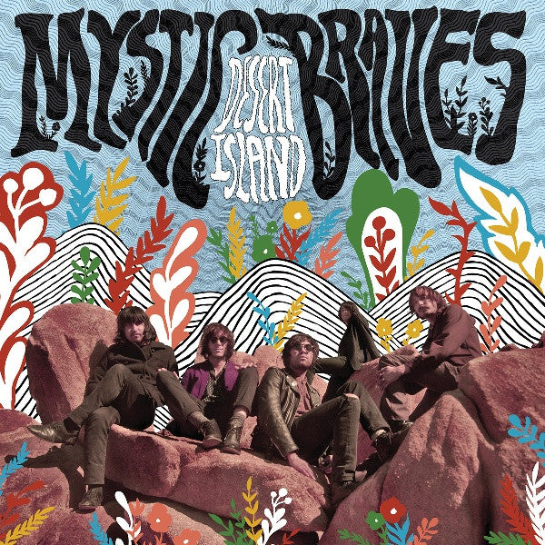 Album cover for "Island" featuring a band posed on a rocky, illustrated landscape.