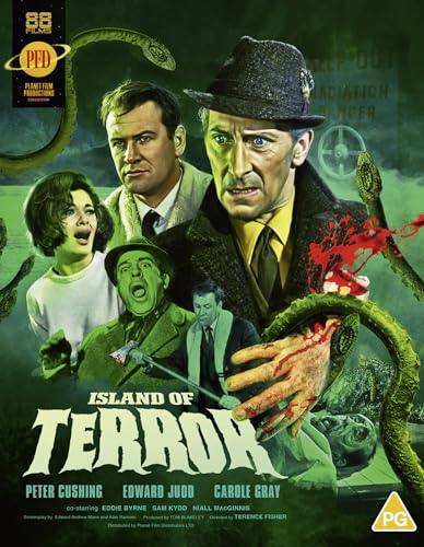 Blu-ray cover for "Island of Terror" featuring actors and tentacled creatures.