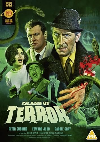 DVD cover for "Island of Terror" featuring actors and a giant snake.