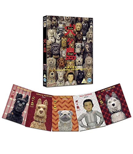 Isle of Dogs DVD case with a collage of dogs and character cards below.