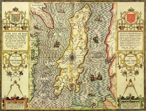 1610 map of the Isle of Man with decorative borders and ships.