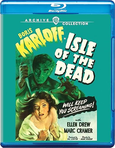 Blu-ray cover for Isle of the Dead featuring Boris Karloff and a frightened woman.