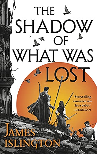 Book cover: fantasy art with figures, ruins, and bold red sun design.