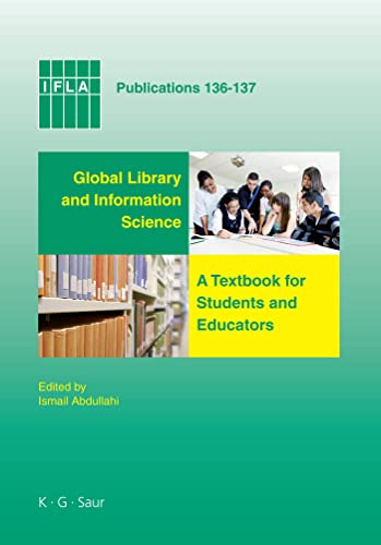 Textbook cover with library shelves, students, and text about information science.
