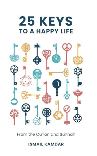 Book cover with colorful keys and text: "25 Keys to a Happy Life.