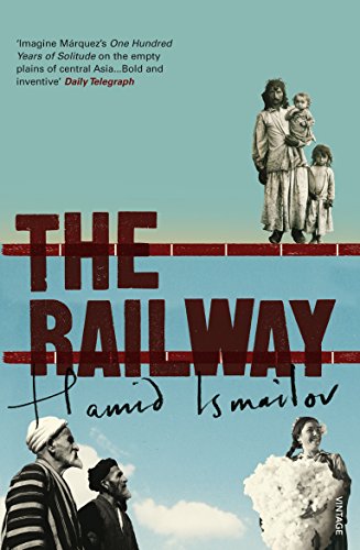 Book cover for The Railway by Hamid Ismailov featuring photos of people against blue.