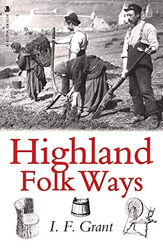 Vintage photo of Scottish farmworkers with book title "Highland Folk Ways".