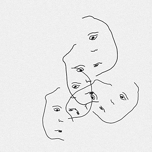 Black and white line drawing of overlapping, fragmented faces.