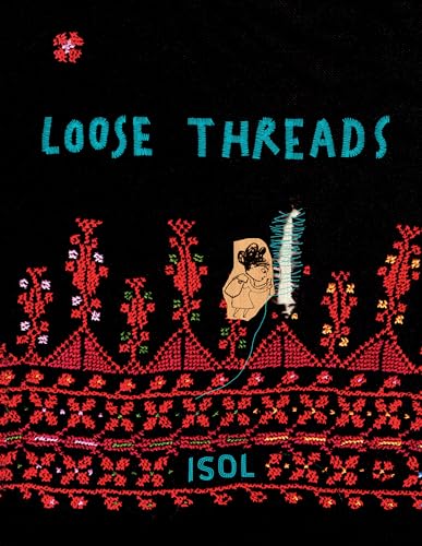Book cover: embroidered border, figure with thread, title “Loose Threads”.
