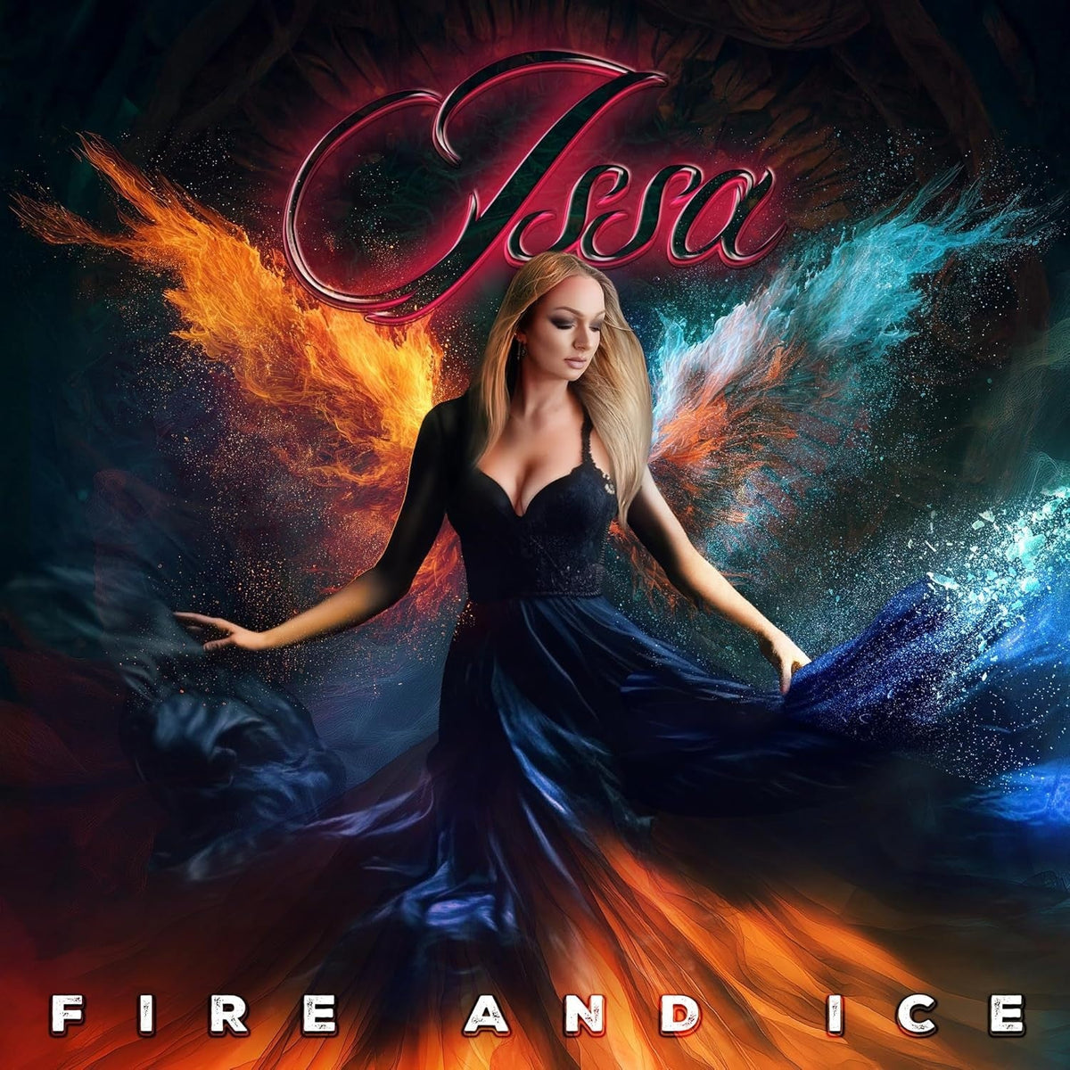 Album cover: Woman with flowing dress amid fire and ice effects.
