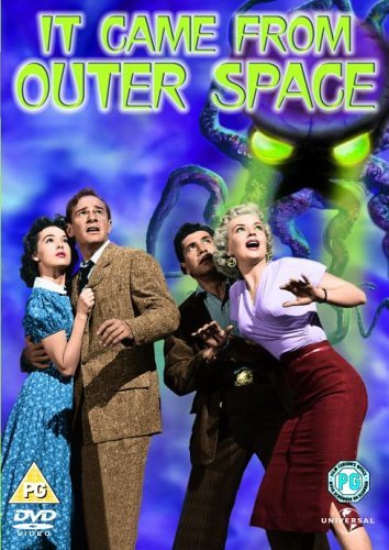 DVD cover for "It Came From Outer Space" featuring frightened people and an alien.