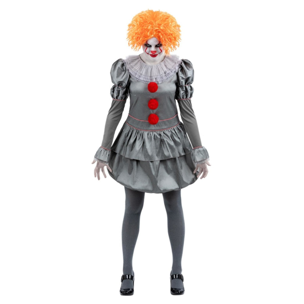 Pennywise costume: grey dress with red pom-poms, orange wig, and tights.