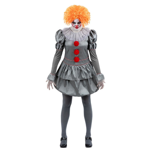 Pennywise costume: grey dress with red pom-poms, orange wig, and tights.