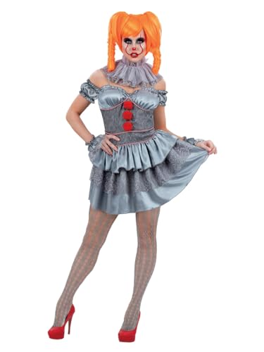 Woman in a grey, ruffled Pennywise clown costume with red details.