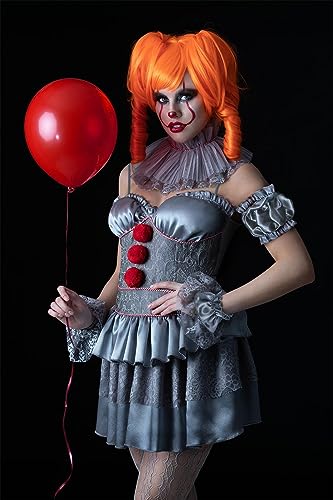 Woman in Pennywise costume with red balloon, clown makeup, and orange hair.