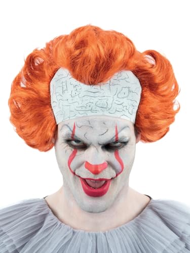 Orange, curly Pennywise wig with a white, cracked clown collar.