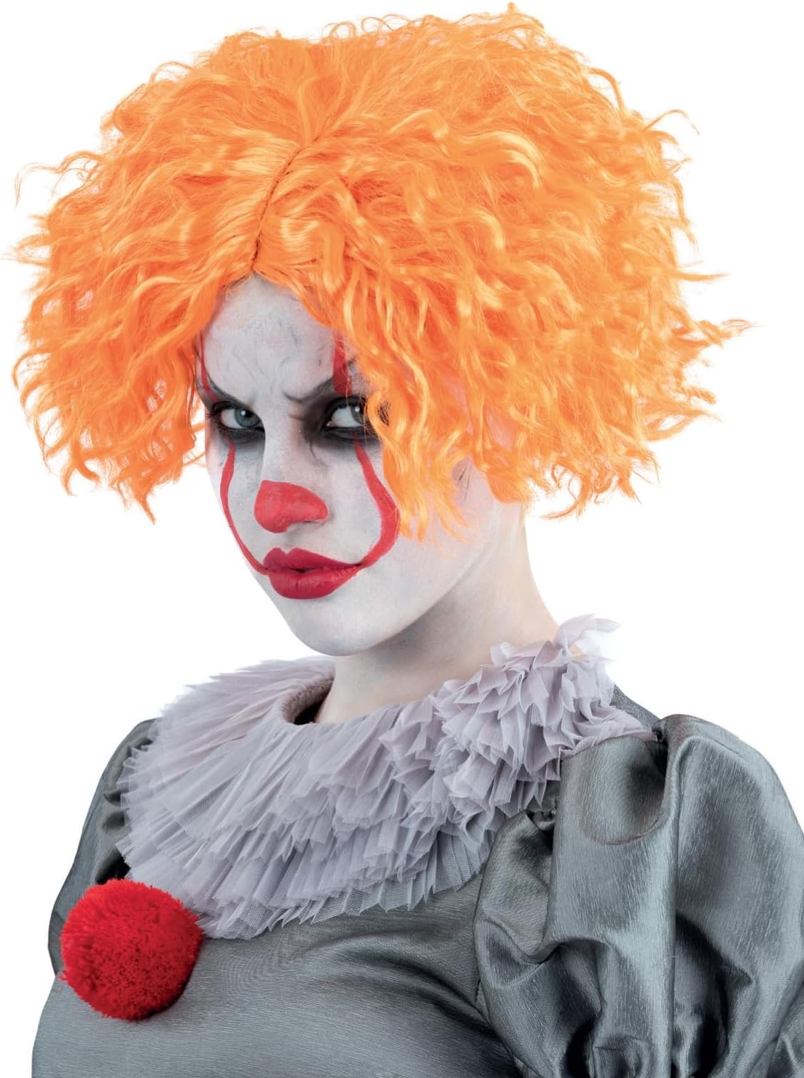 Orange, curly wig on a person with clown makeup and ruffled collar.