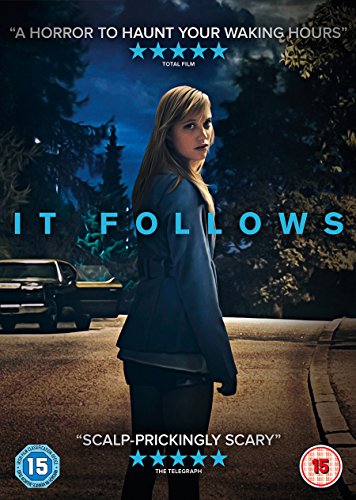 A young woman stands on a dark street at night on the It Follows DVD cover.