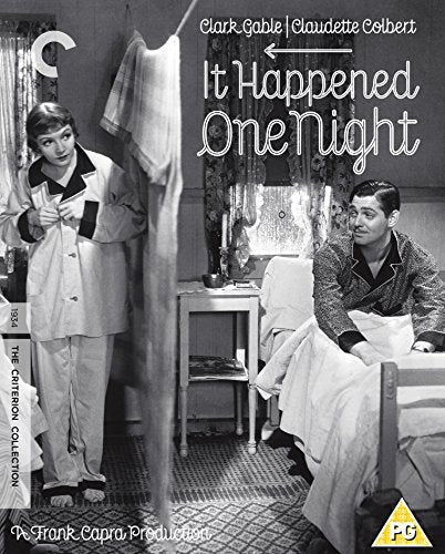 Black and white film still of Clark Gable and Claudette Colbert in pajamas.