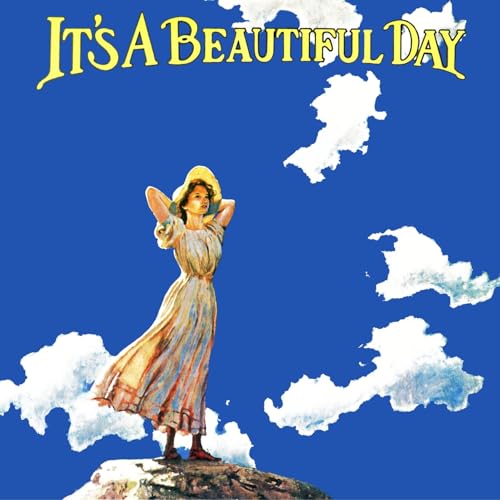 Album cover: woman in dress stands on hill under clouds.