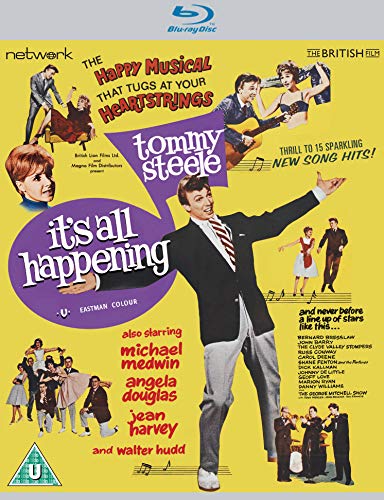Blu-ray cover for "It's All Happening" featuring Tommy Steele and cast.