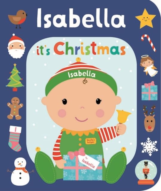 Book cover: "It's Christmas Isabella" with a child dressed as an elf.