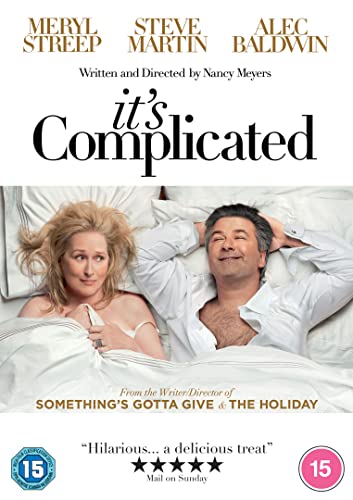 It's Complicated" DVD cover featuring Meryl Streep and Steve Martin in bed.