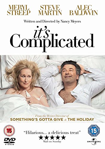 "DVD cover for 'It's Complicated' featuring Meryl Streep and Steve Martin in bed."