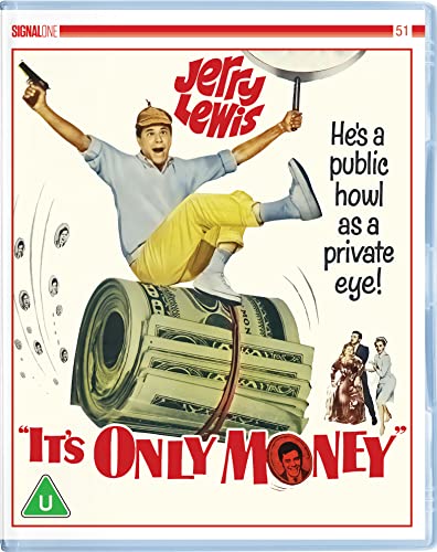 It's Only Money" Blu-ray cover featuring Jerry Lewis jumping on money rolls.
