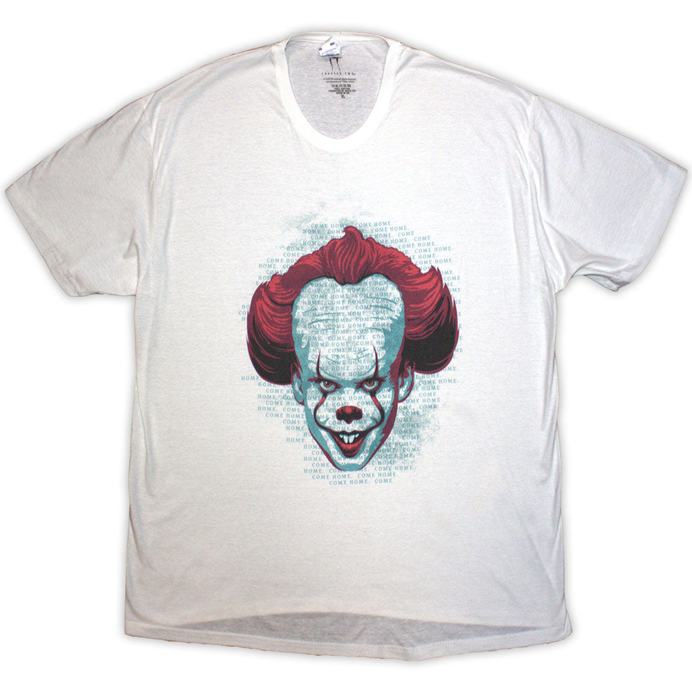 White t-shirt with a graphic of Pennywise the clown’s face.
